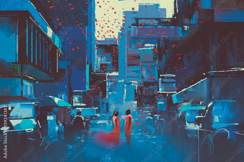 红色情侣站在蓝色城市，数字艺术风格，插图绘画