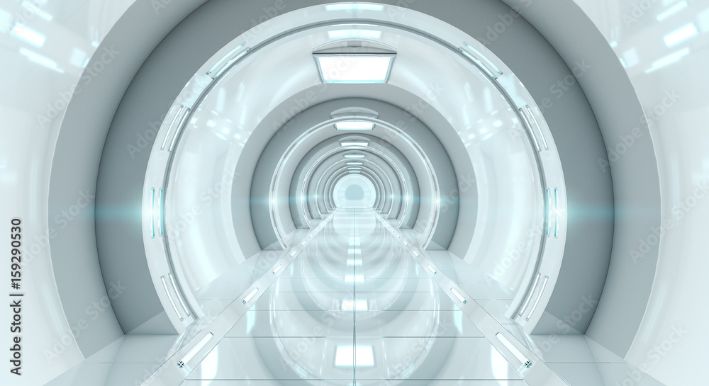 明亮的未来宇宙飞船走廊3D渲染