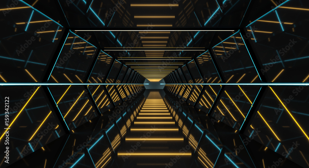 Dark futuristic spaceship corridor 3D rendering