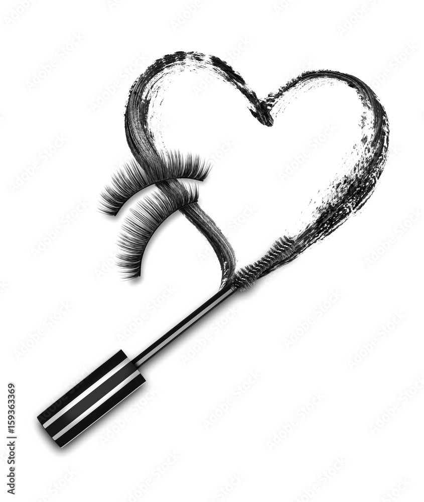 Close-up of mascara brush with black stroke in the shape of heart and false eyelashes, on white back