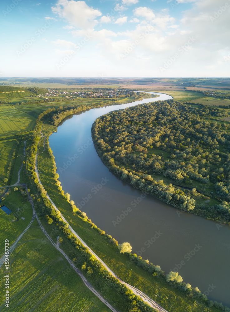 View on the river from air. Natural landscape in the summer time