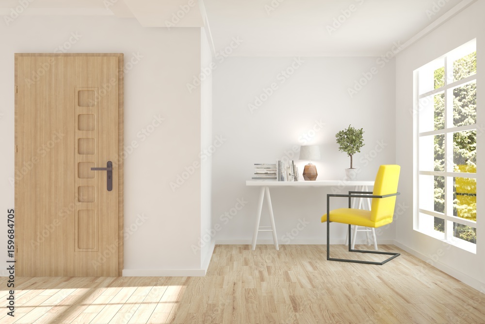 带门的白色现代房间。斯堪的纳维亚室内设计。3D插图
