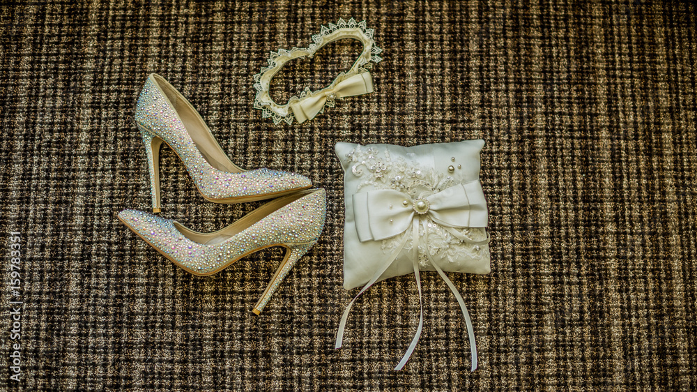 Wedding shoes. Shoes. brides wedding accessories. photo of brides shoes on the sofa. Wedding charg