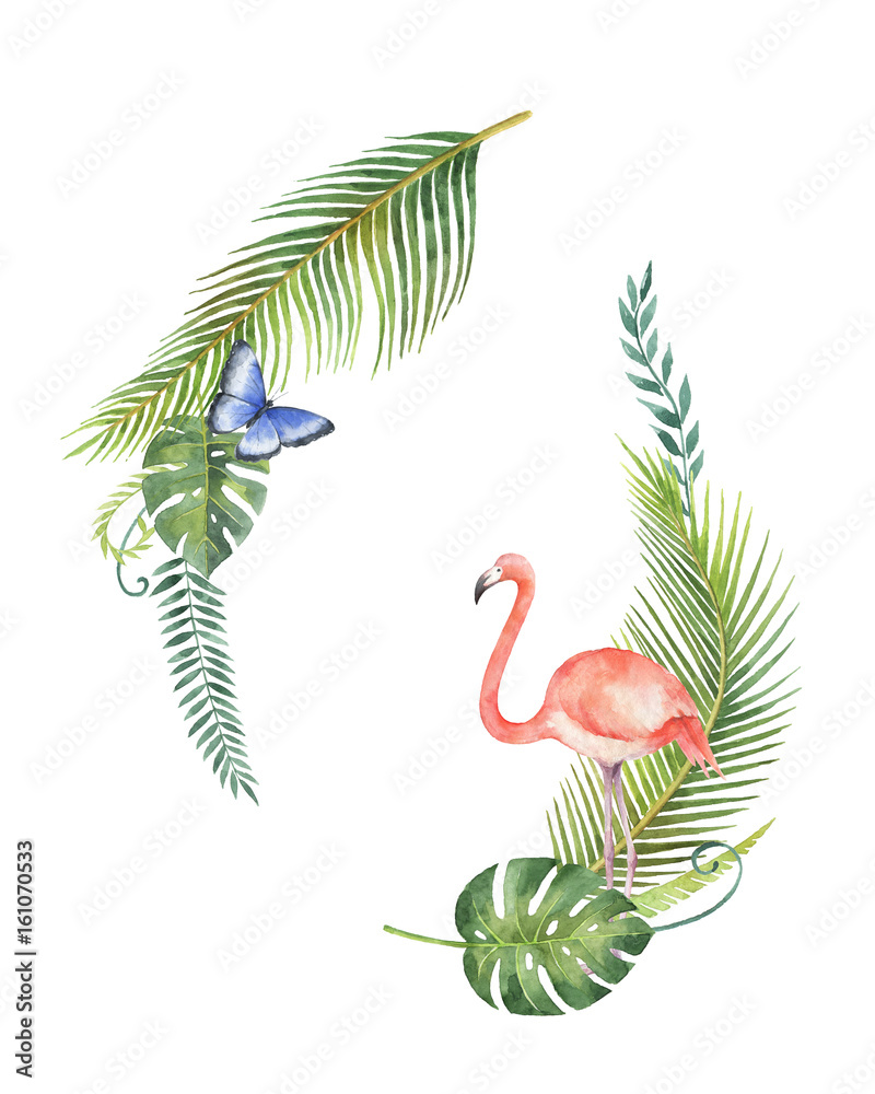 Watercolor bouquet of tropical leaves and the pink Flamingo isolated on white background.