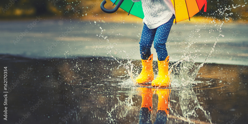 穿着黄色橡胶靴的孩子在雨中跳过水坑