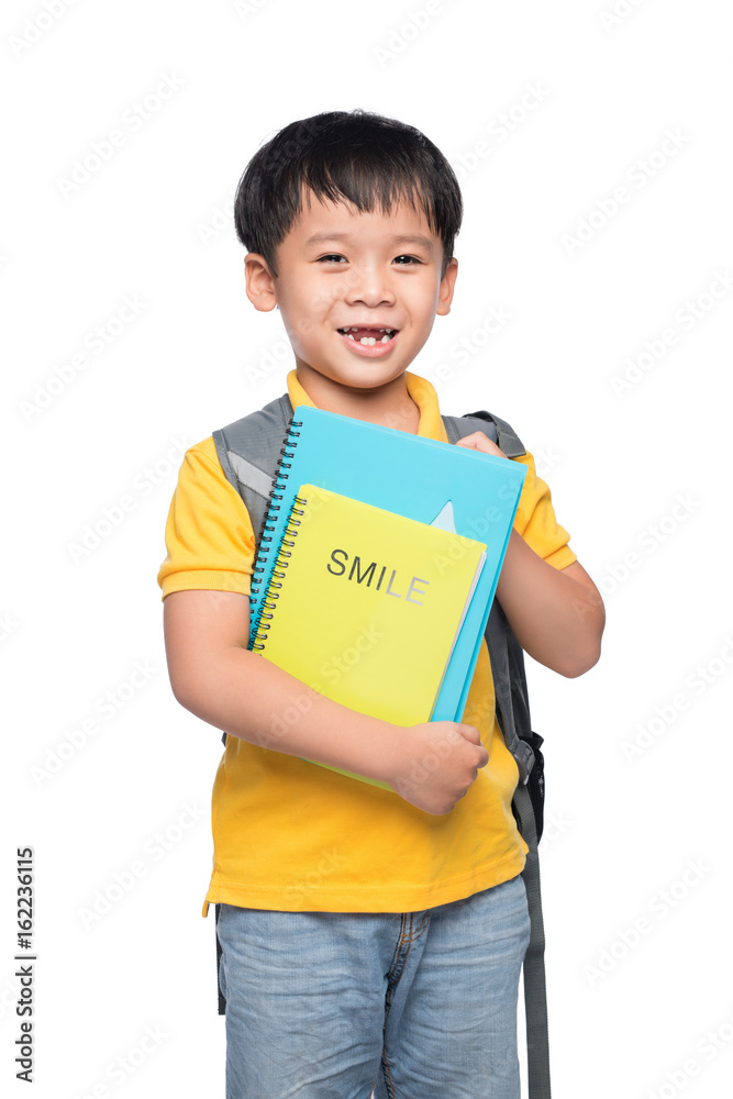 Portrait of cute smiling boy with backpack and colorful books, education and back to school concept