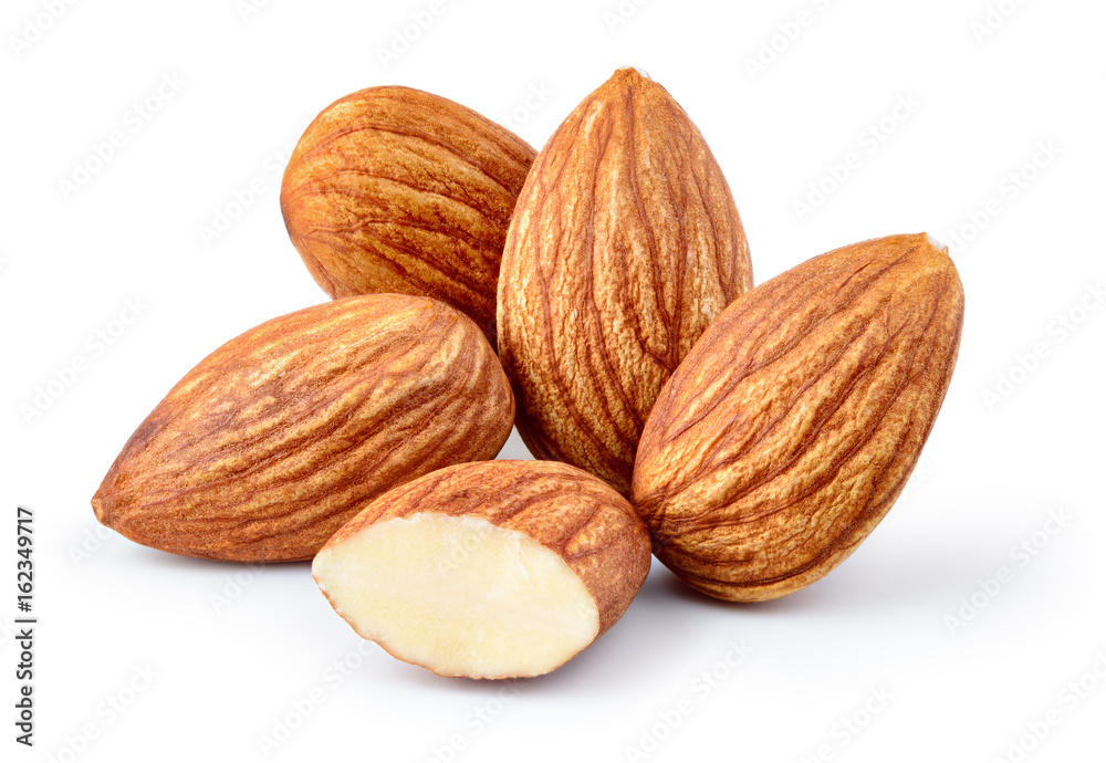 Almonds isolated. Almond on white background, clipping path included. Full depth of field.