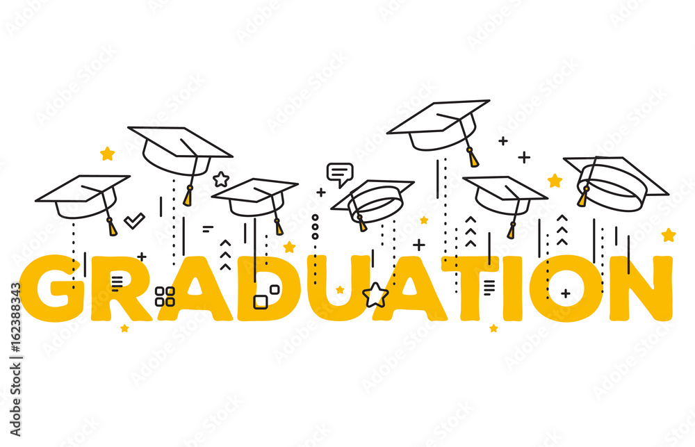 白色背景上带毕业帽的单词毕业的矢量插图。大写。Con