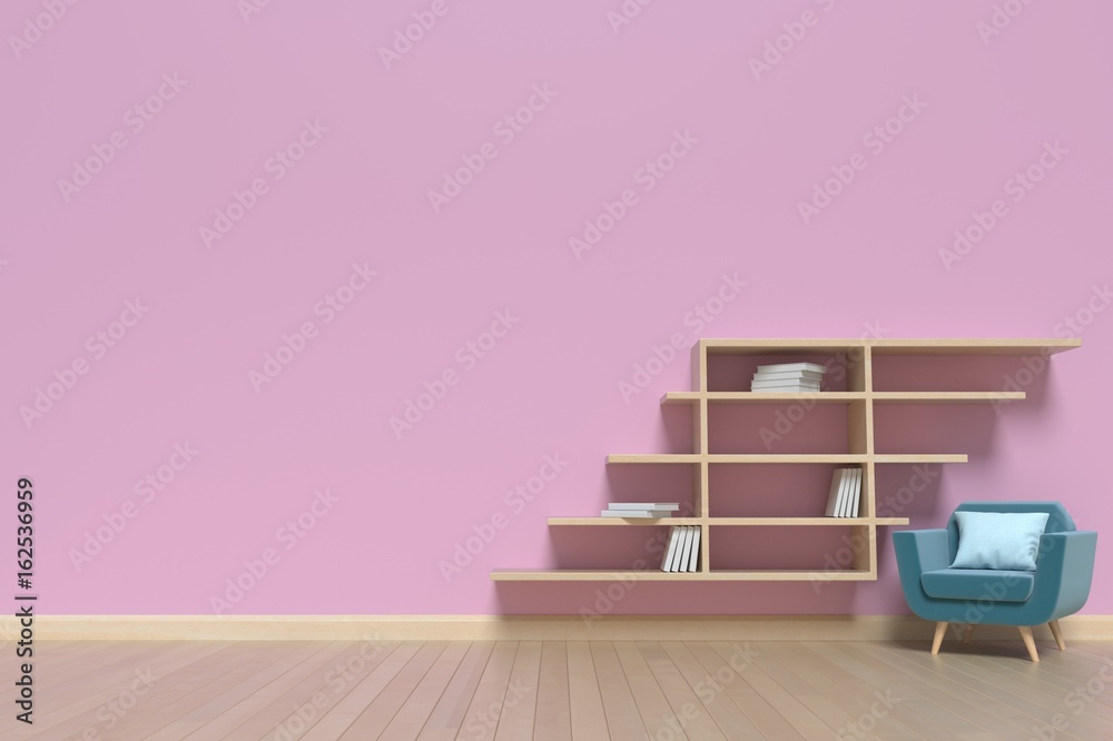 客厅，粉色墙壁后面有扶手椅和书架，3D渲染