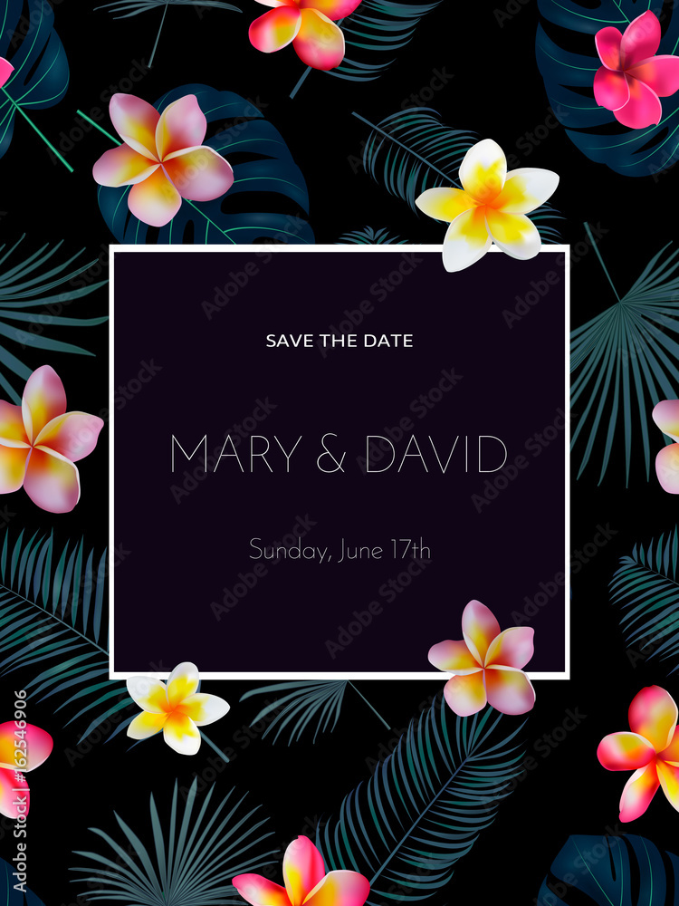 Tropical vector wedding invitation design with orchid flowers and exotic palm leaves on dark backgro