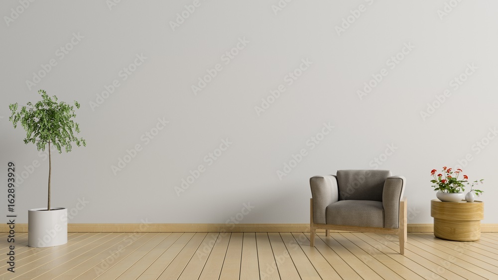 客厅，白色墙壁背景上有扶手椅和树，3D渲染