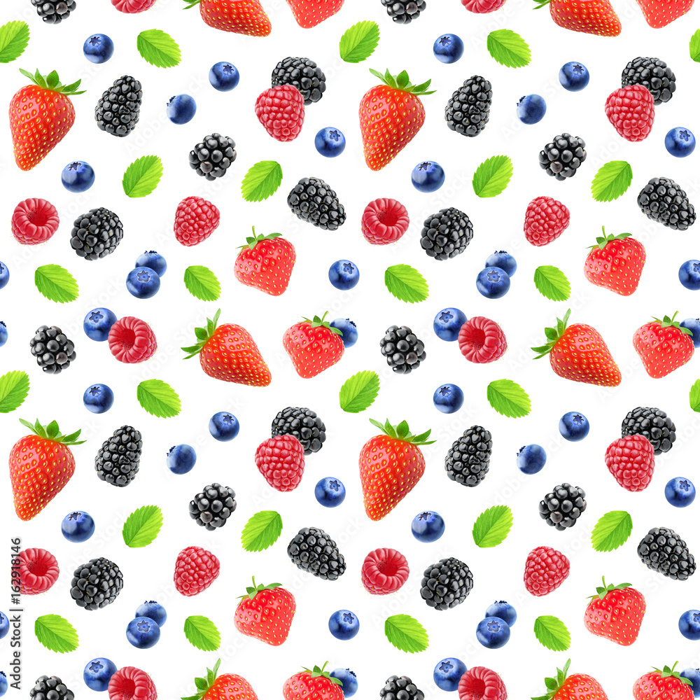 浆果图案。草莓、黑莓、覆盆子和蓝莓等水果的无缝背景。