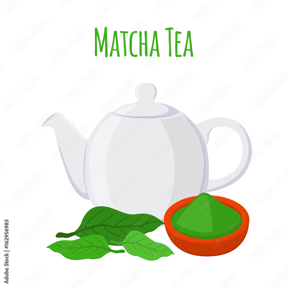 绿茶-亚洲饮料。茶壶，抹茶叶，茶壶