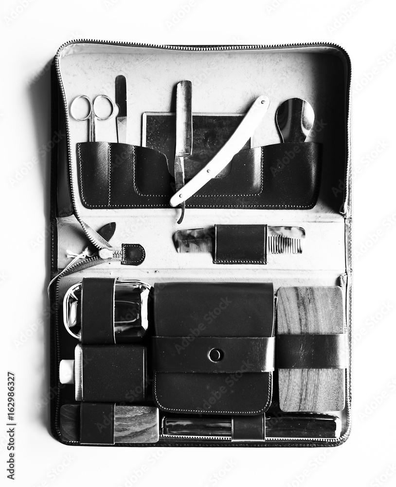 Man shaving kit leather case grayscale