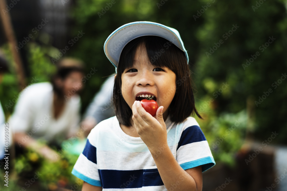 一个正在吃西红柿的男孩