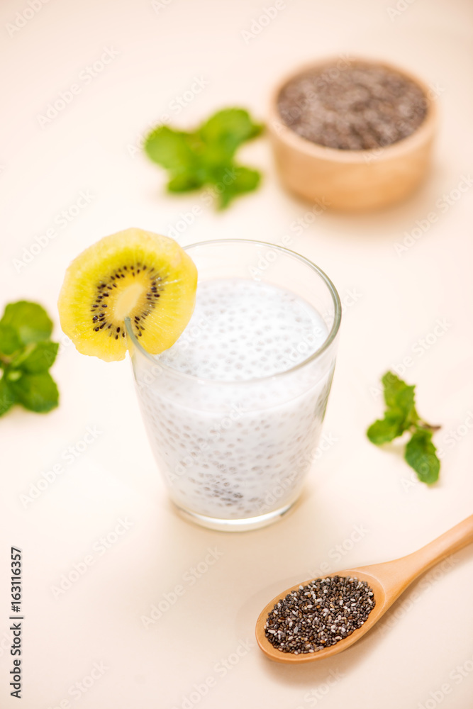 Healthy breakfast with chia pudding in glass