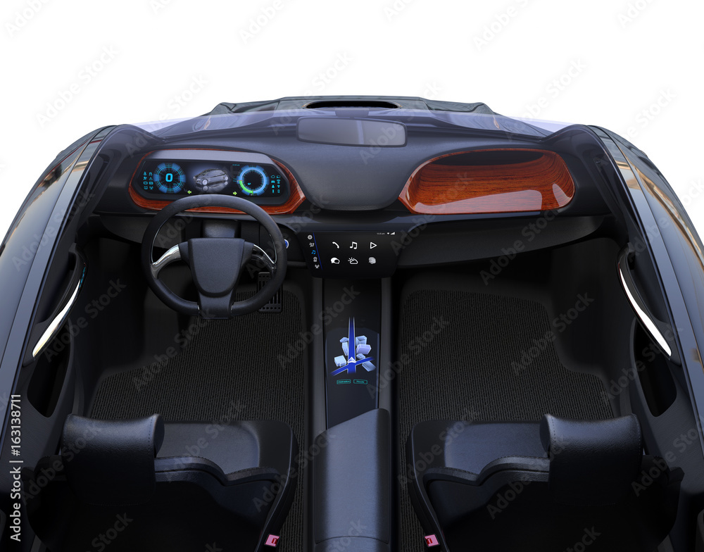 自动驾驶汽车内饰正视图。中央触摸屏显示音乐播放列表和导航