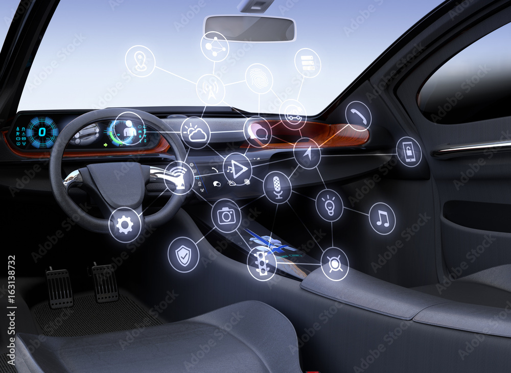 自动驾驶汽车内饰。互联汽车图标。物联网概念。3D渲染图像。