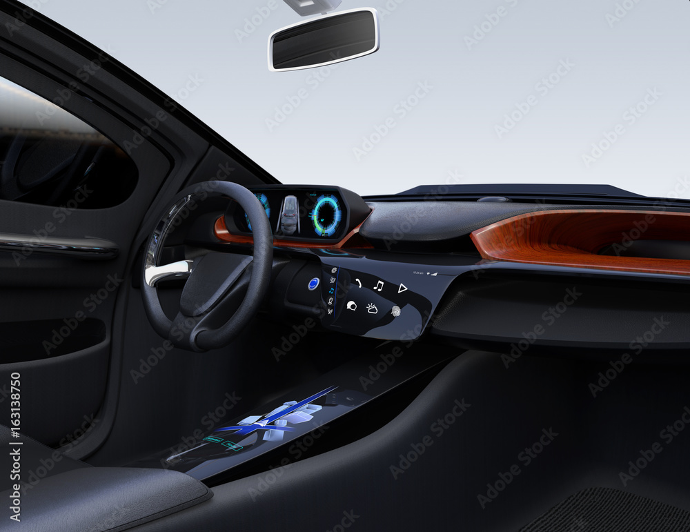 自动驾驶汽车内饰概念。中央触摸屏上的平面设计多媒体图标。3D效果图
