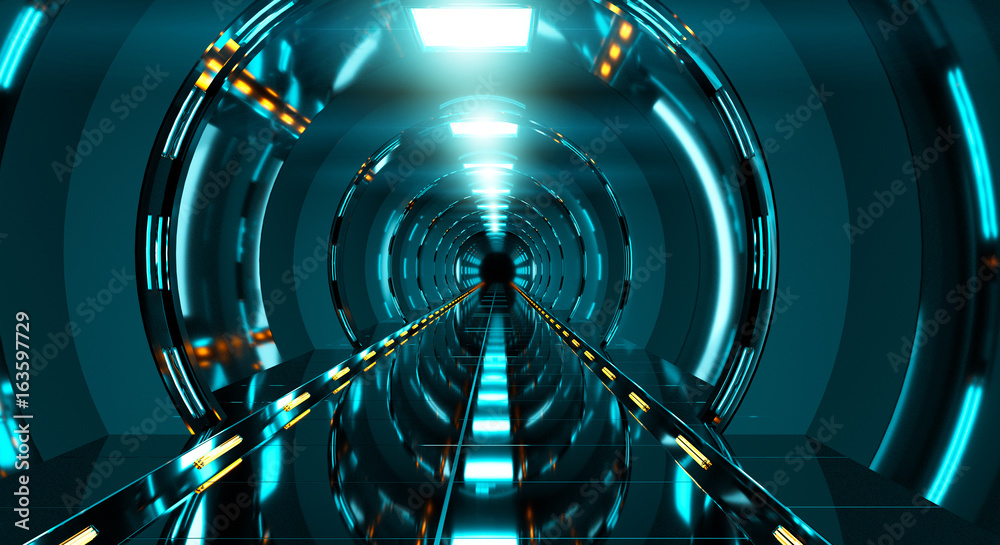 黑暗的未来宇宙飞船走廊3D渲染