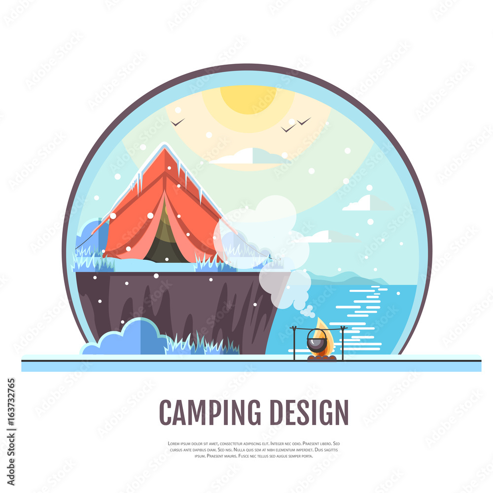 冬季海边景观和露营帐篷的平面风格设计