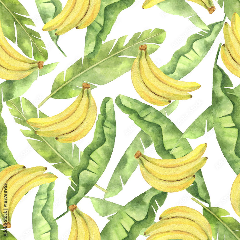 水彩无缝图案，热带绿叶和黄色香蕉隔离在白色背景上