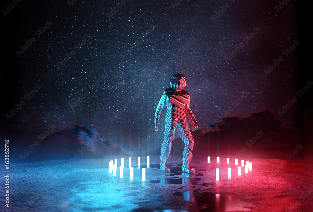 Almost Human. Strange Futuristic spaceman illuminated by red and blue lights at night. 3D Illustrati