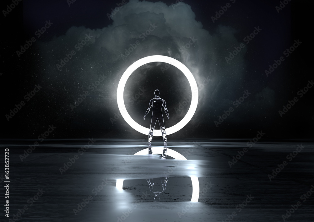 Circle of Light. A glass figure illuminated at night by a circle of light. 3D Illustration