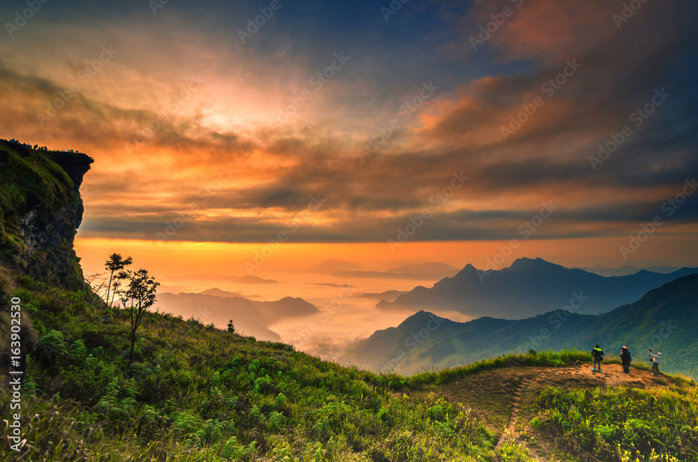 Background blur sea fog on the mountain with the sky and clouds of yellow, orange, Phu Chi Fa Thaila