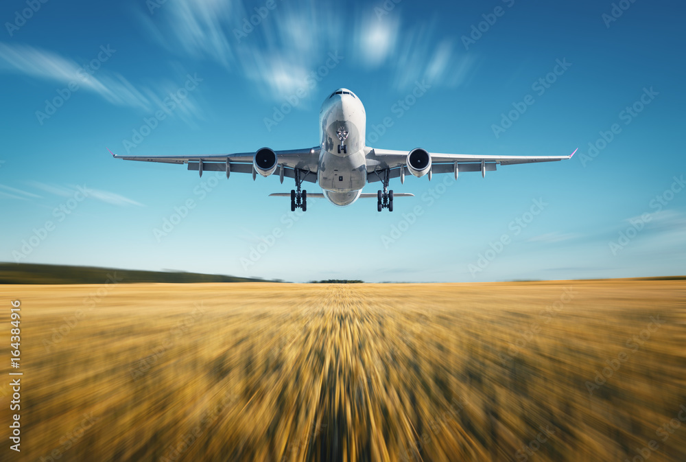 具有运动模糊效果的飞机。白色客机的风景正在飞行，蓝天，小麦