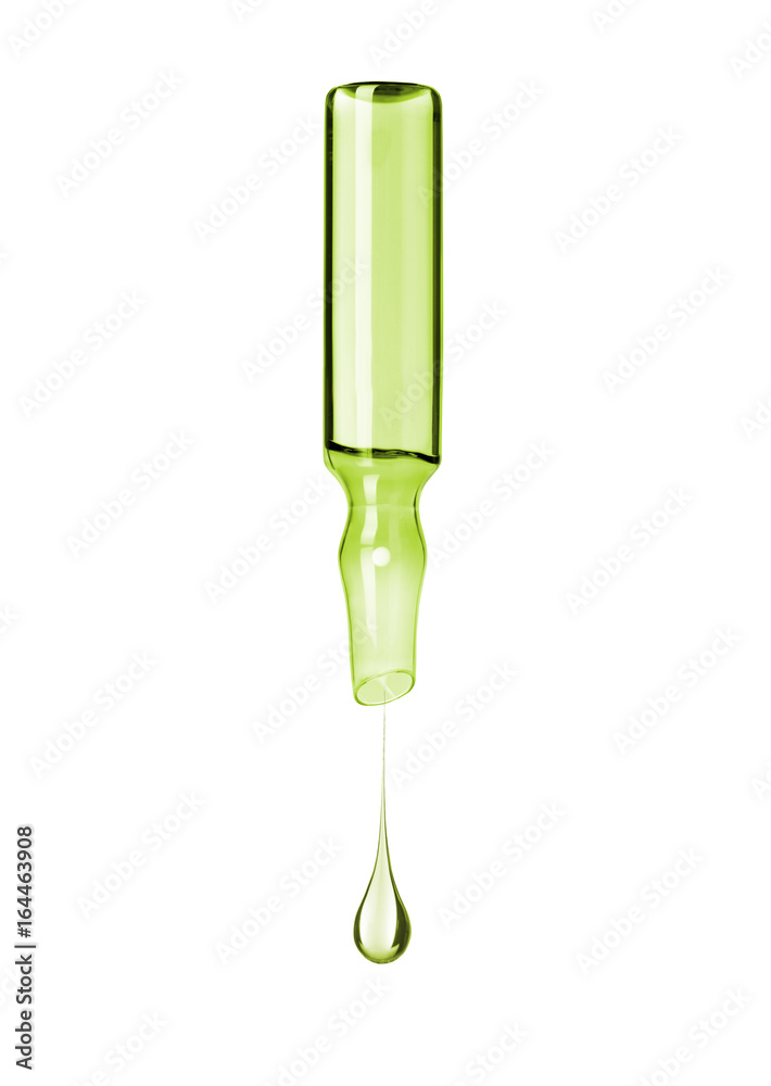 Cosmetic or medical ampoule with falling drop down, isolated on white background
