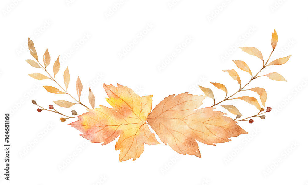 在白色背景上隔离的叶子和树枝的水彩花环。