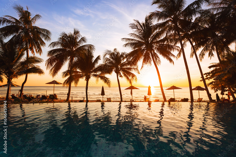 海滩上美丽的日落，假日背景，泳装中棕榈树轮廓的倒影