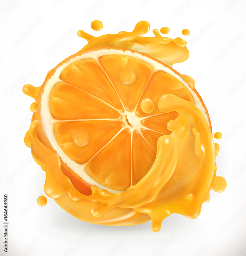 橙汁。新鲜水果。三维现实主义，矢量图标