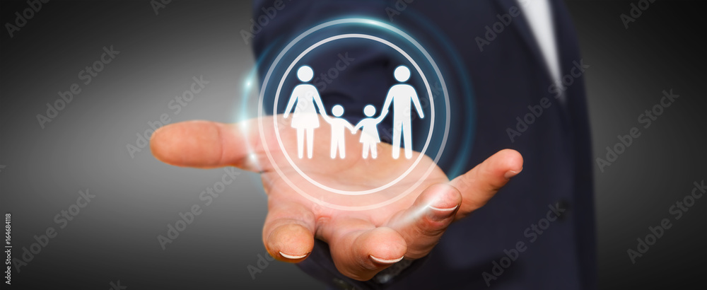 Businessman holding family interface in his hand 3D rendering