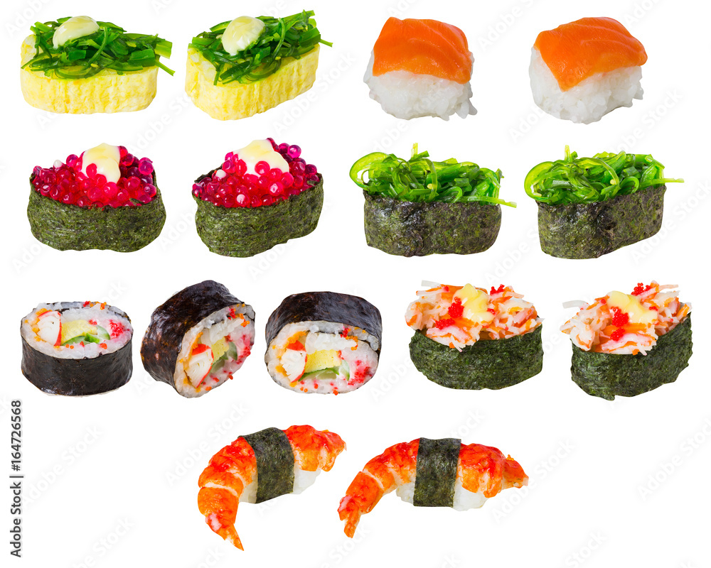 各种口味的寿司或寿司是日本食物
