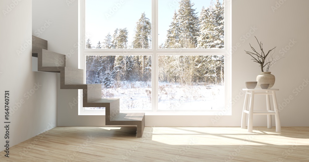 白色空房间的想法，窗户里有冬季景观。斯堪的纳维亚室内设计。3D插图