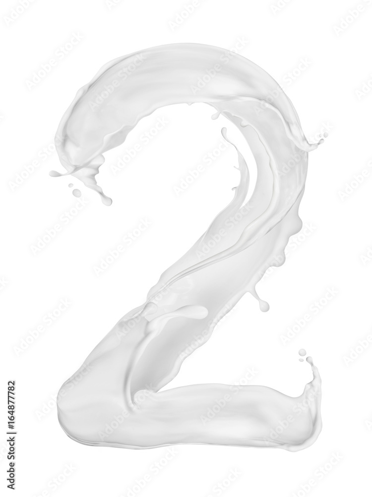 Number 2 made from splashes of milk on white background
