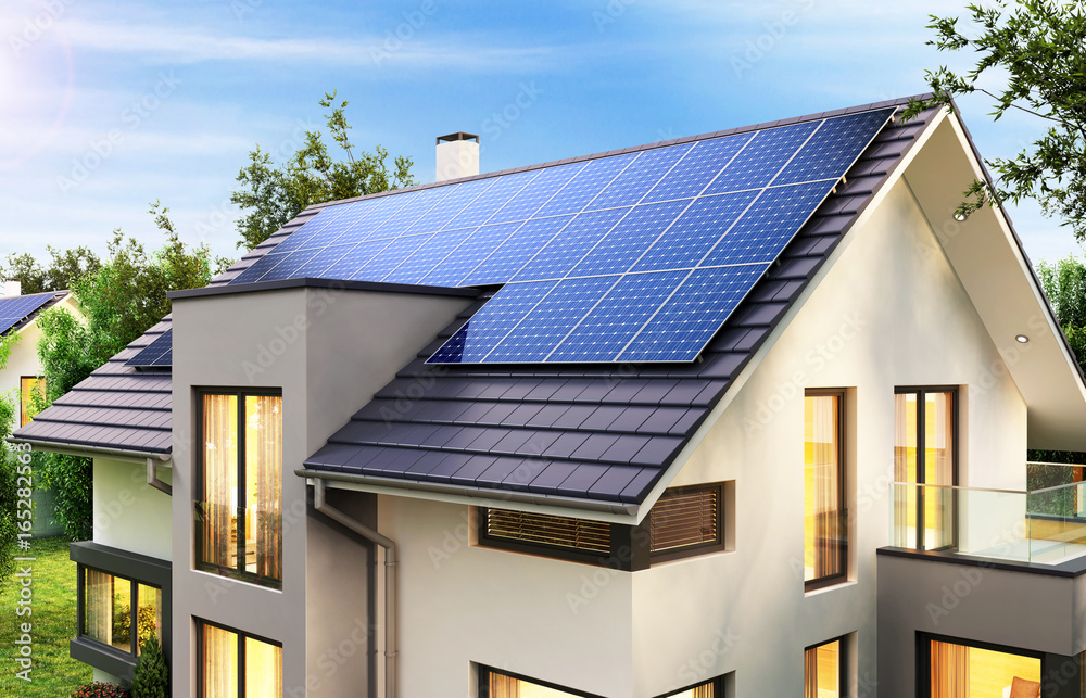 现代房屋上的太阳能电池板