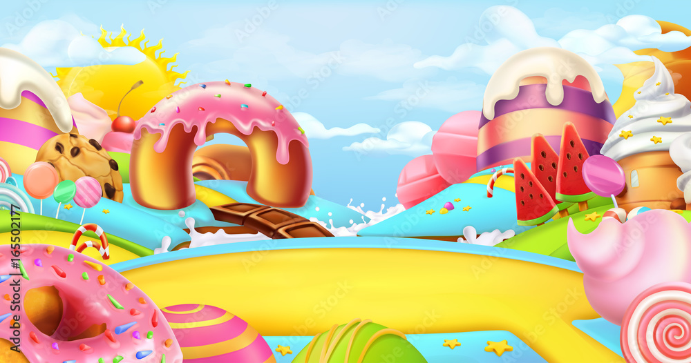 Glade in a candy land. Sweet landscape, 3d vector panorama