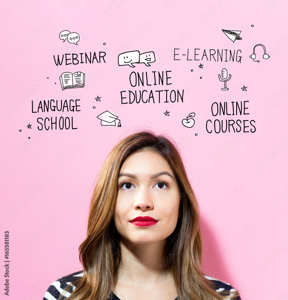Online Education text with young woman on a pink background