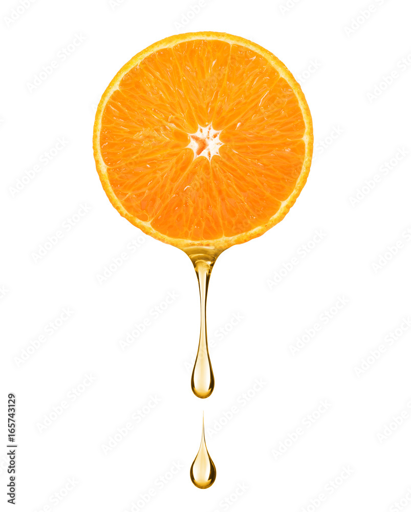 Juice in the shape of drop flowing from a slice of orange, on white background