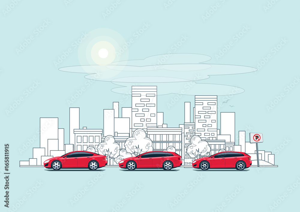 Cars Parking on the Street with Outline City Background