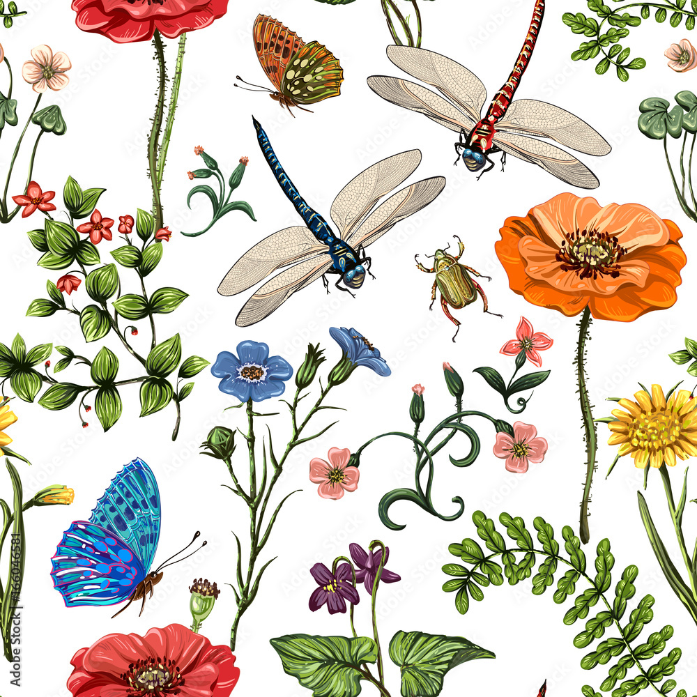 Summer vector seamless pattern. Botanical wallpaper. Plants, insects, flowers in vintage style. Butt