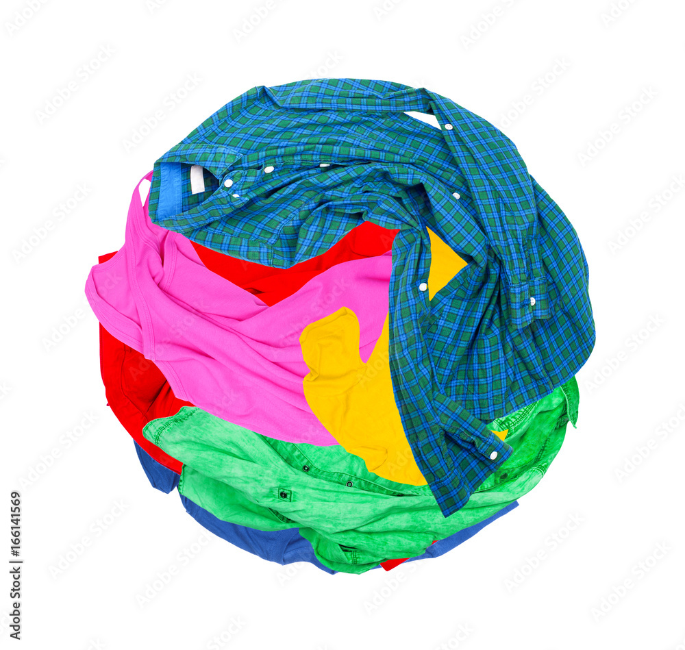 Colorful crumpled clothing rotates on a white background