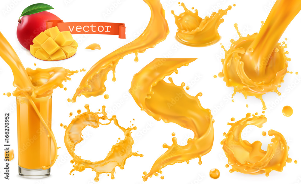 橙色油漆飞溅。芒果、菠萝、木瓜汁。三维逼真矢量图标集