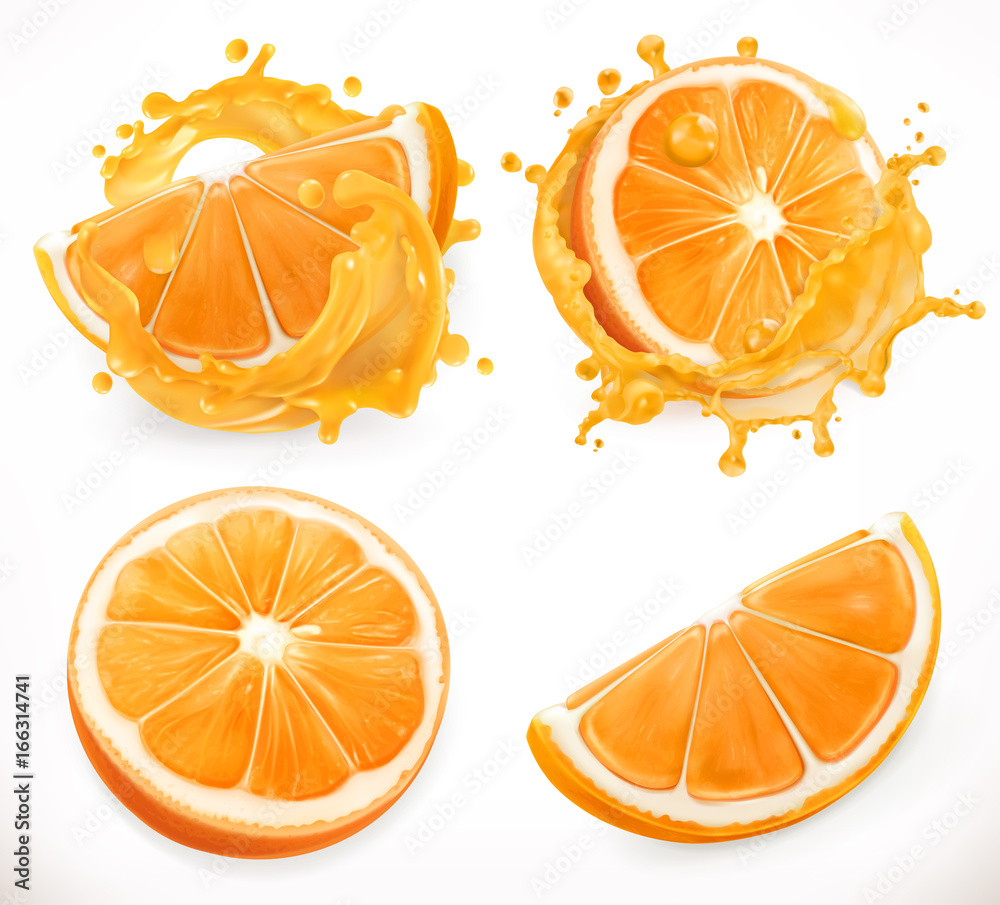 橙汁。新鲜水果和飞溅物。三维现实主义，矢量图标集