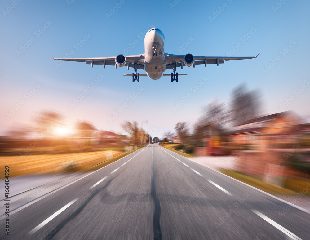 Passenger airplane with motion blur effect. Airplane is flying in the sunset sky over the rural asph