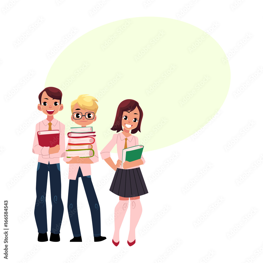 三个学生，小学生，小学生站在一起，手里拿着书，卡通矢量插图是