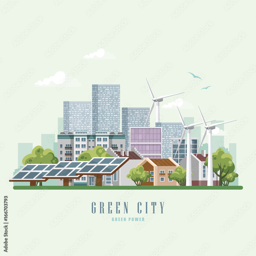 绿色城市矢量概念。包含一系列建筑、基础设施、现代技术和